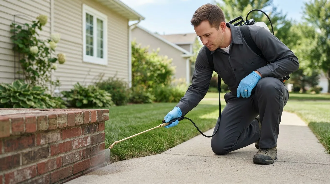 Pest control technician treating a home near Crawfordsville, IN