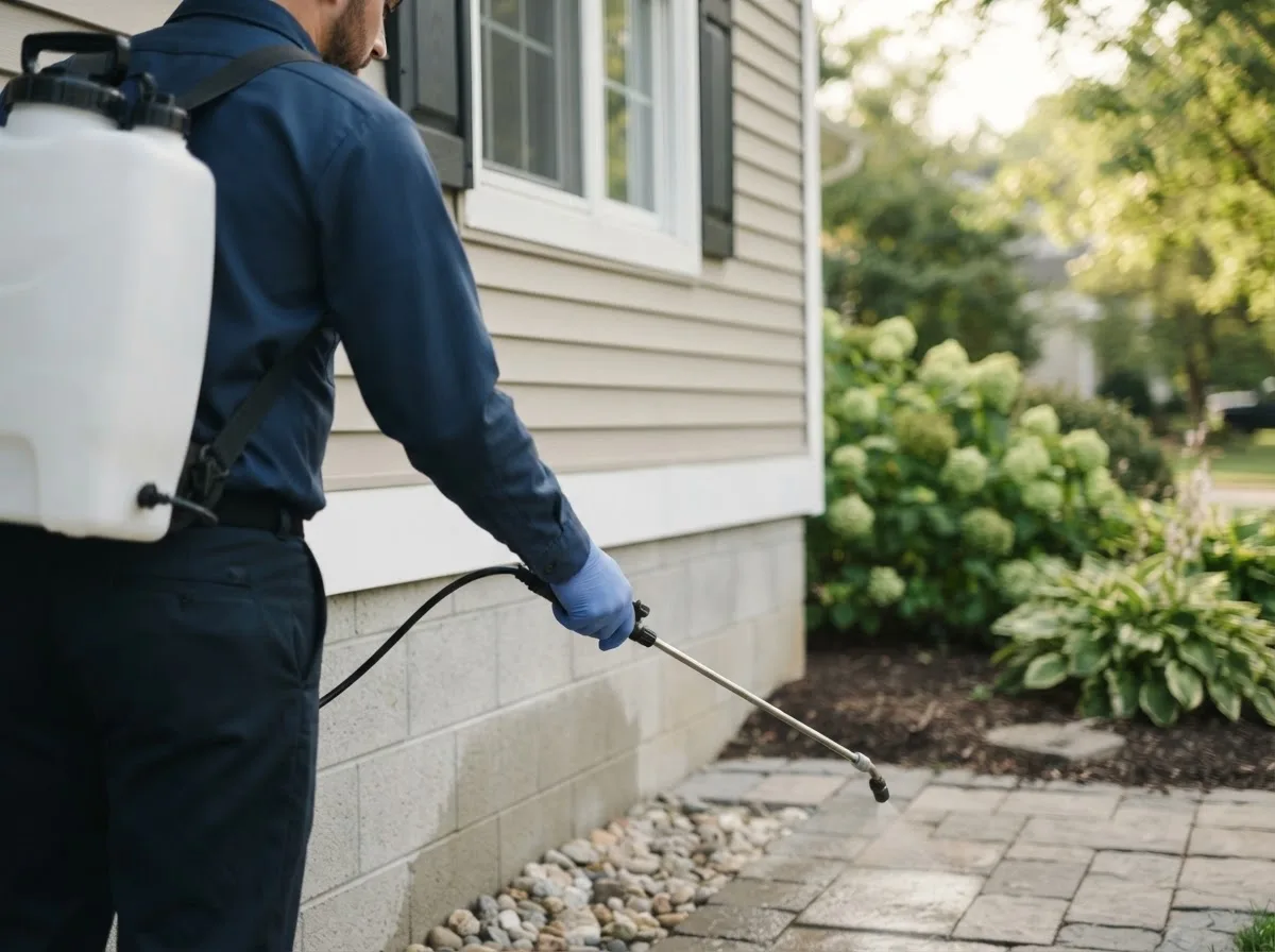 Pest control technician inspecting a home in Crawfordsville, IN